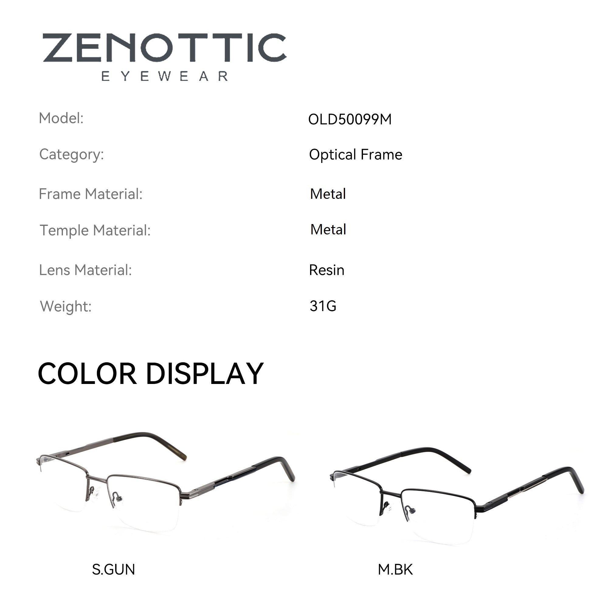 Zenottic Wilton eyeglasses: gunmetal gray & matte black, half-rim metal frames, clear demo lenses, product colors.