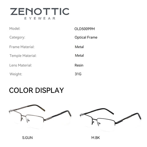 Zenottic Wilton eyeglasses: gunmetal gray & matte black, half-rim metal frames, clear demo lenses, product colors.