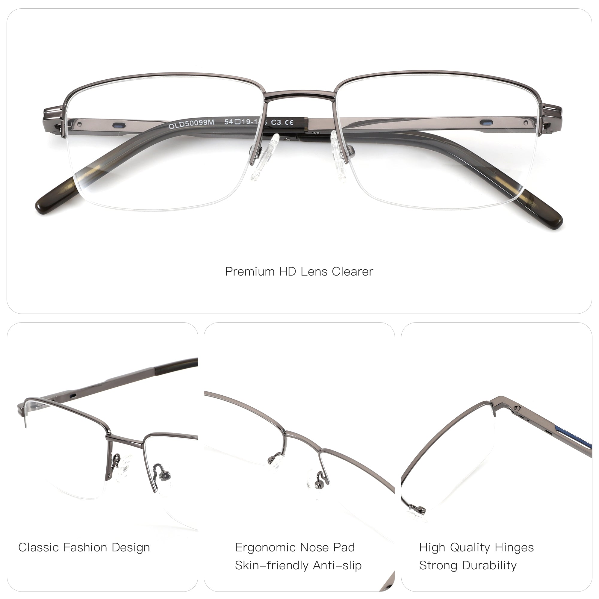 Zenottic Wilton gunmetal gray half-rim square eyeglasses with clear lenses, showing frame details and quality construction.