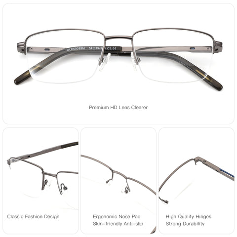 Zenottic Wilton gunmetal gray half-rim square eyeglasses with clear lenses, showing frame details and quality construction.