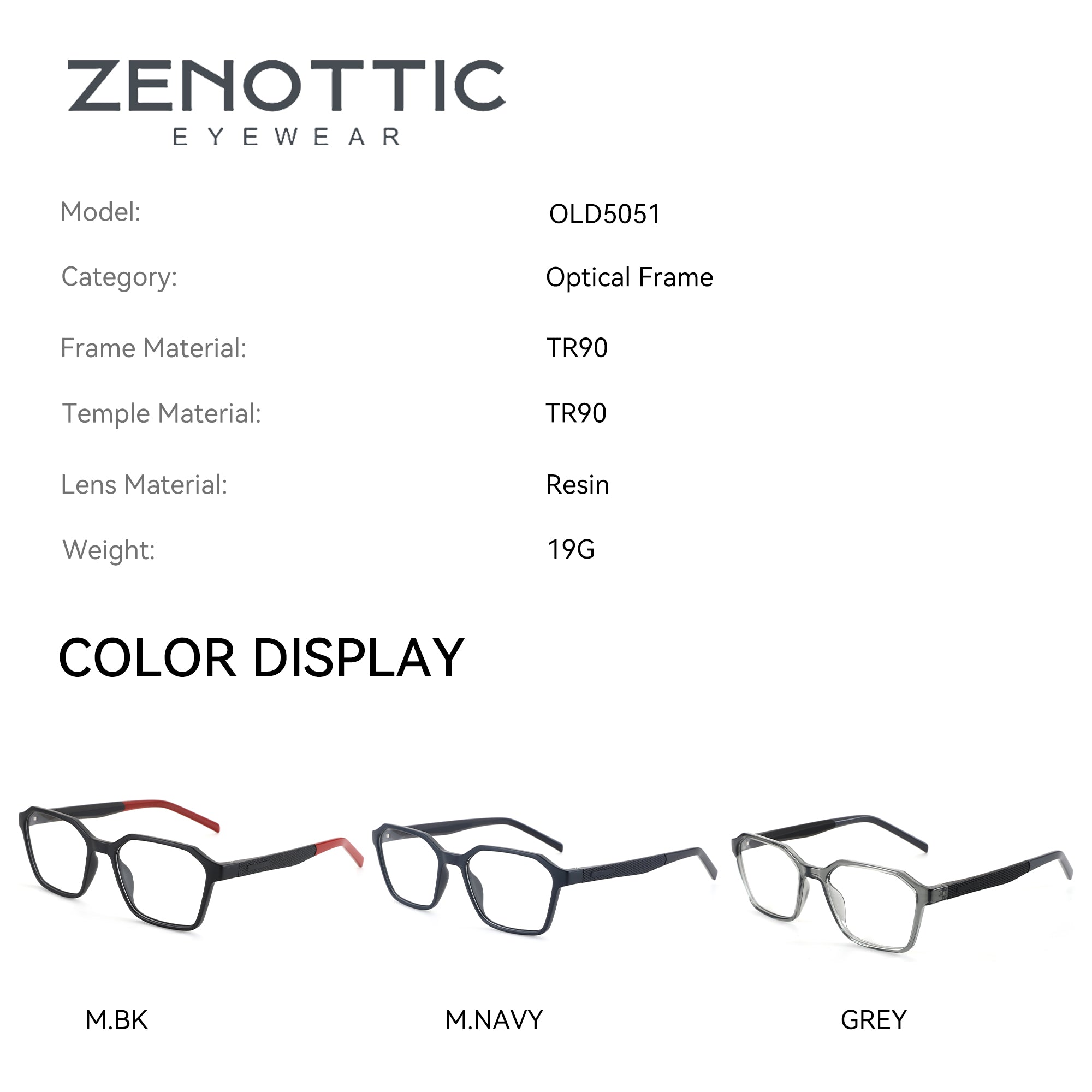 Zenottic Eyeglasses Barnett in M.BK, M.NAVY, and GREY TR90 frames.