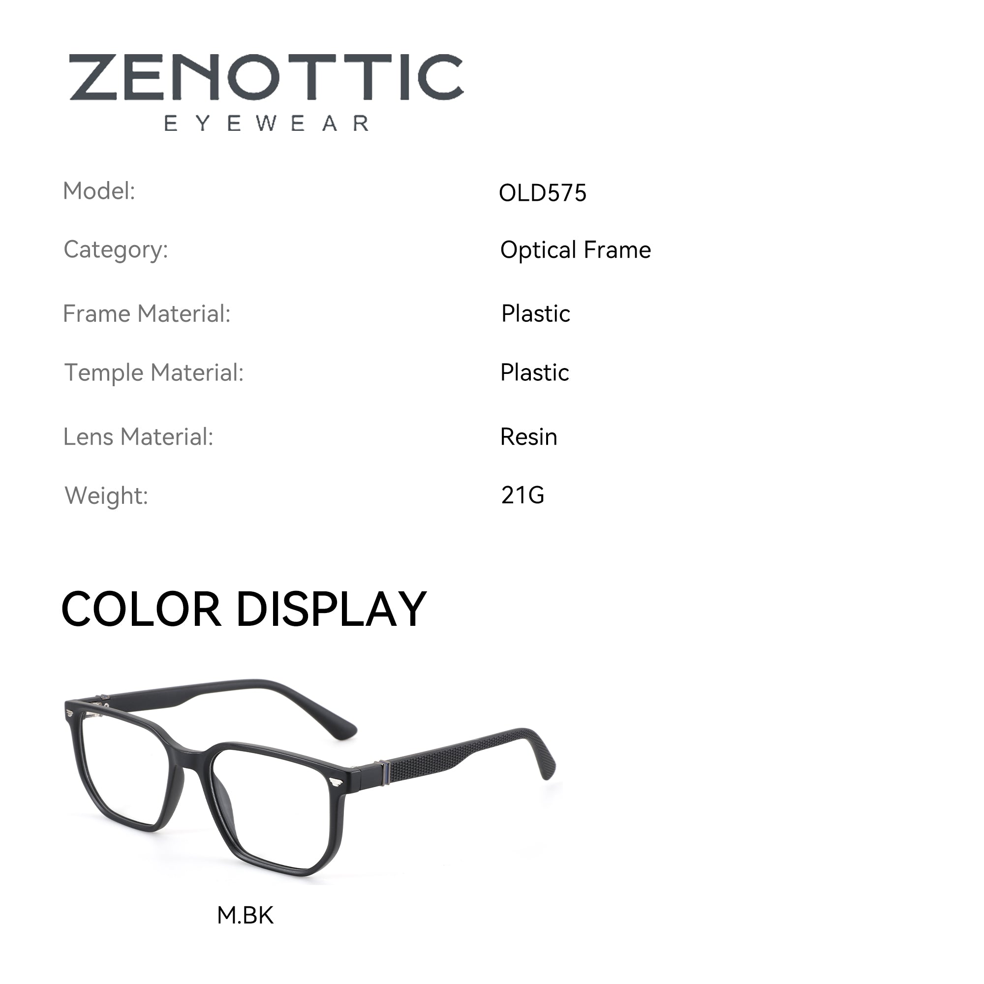 Zenottic Garrett eyeglasses: black plastic full-rim optical frame with resin lenses, model OLD575.
