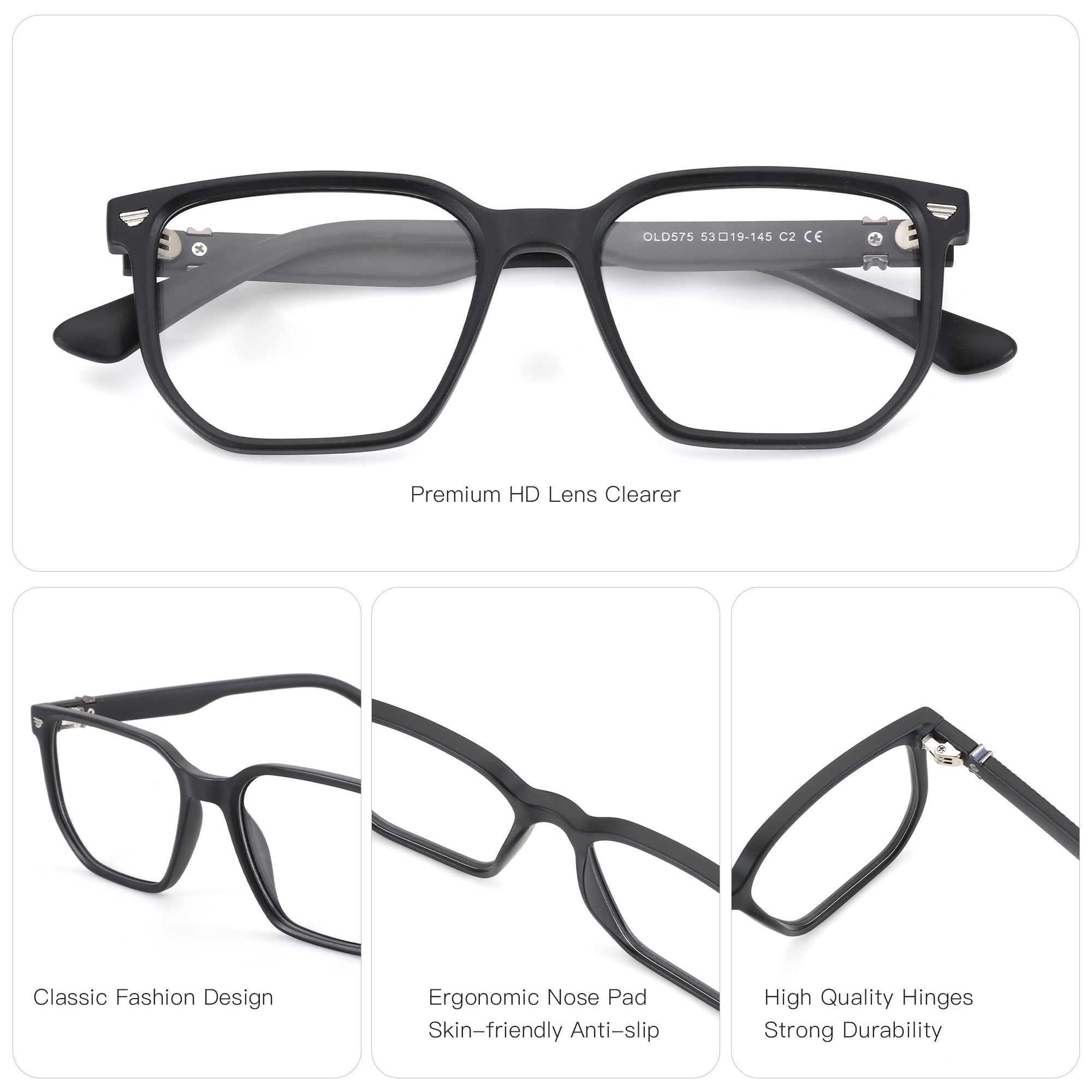 Black Zenottic Garrett eyeglasses with classic square frame, featuring ergonomic nose pads and durable hinges. Model OLD575.