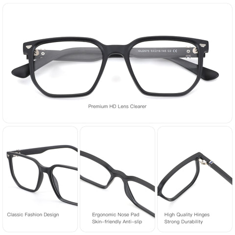 Black Zenottic Garrett eyeglasses with classic square frame, featuring ergonomic nose pads and durable hinges. Model OLD575.