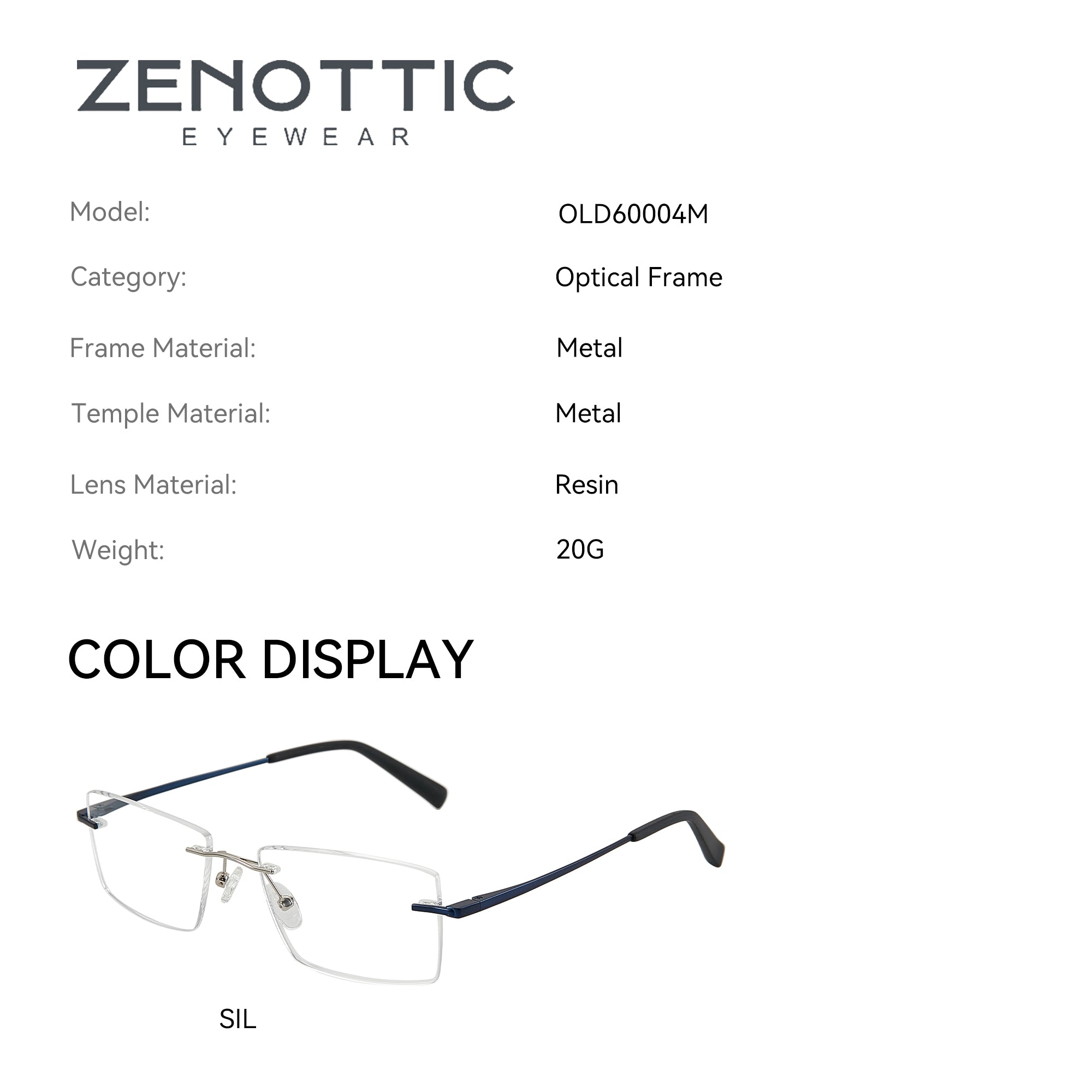 Zenottic Zayden rimless eyeglasses in silver with blue metal temples and clear lenses.