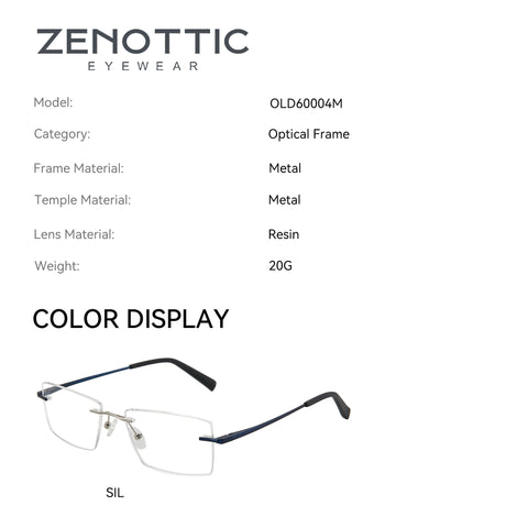 Zenottic Zayden rimless eyeglasses in silver with blue metal temples and clear lenses.