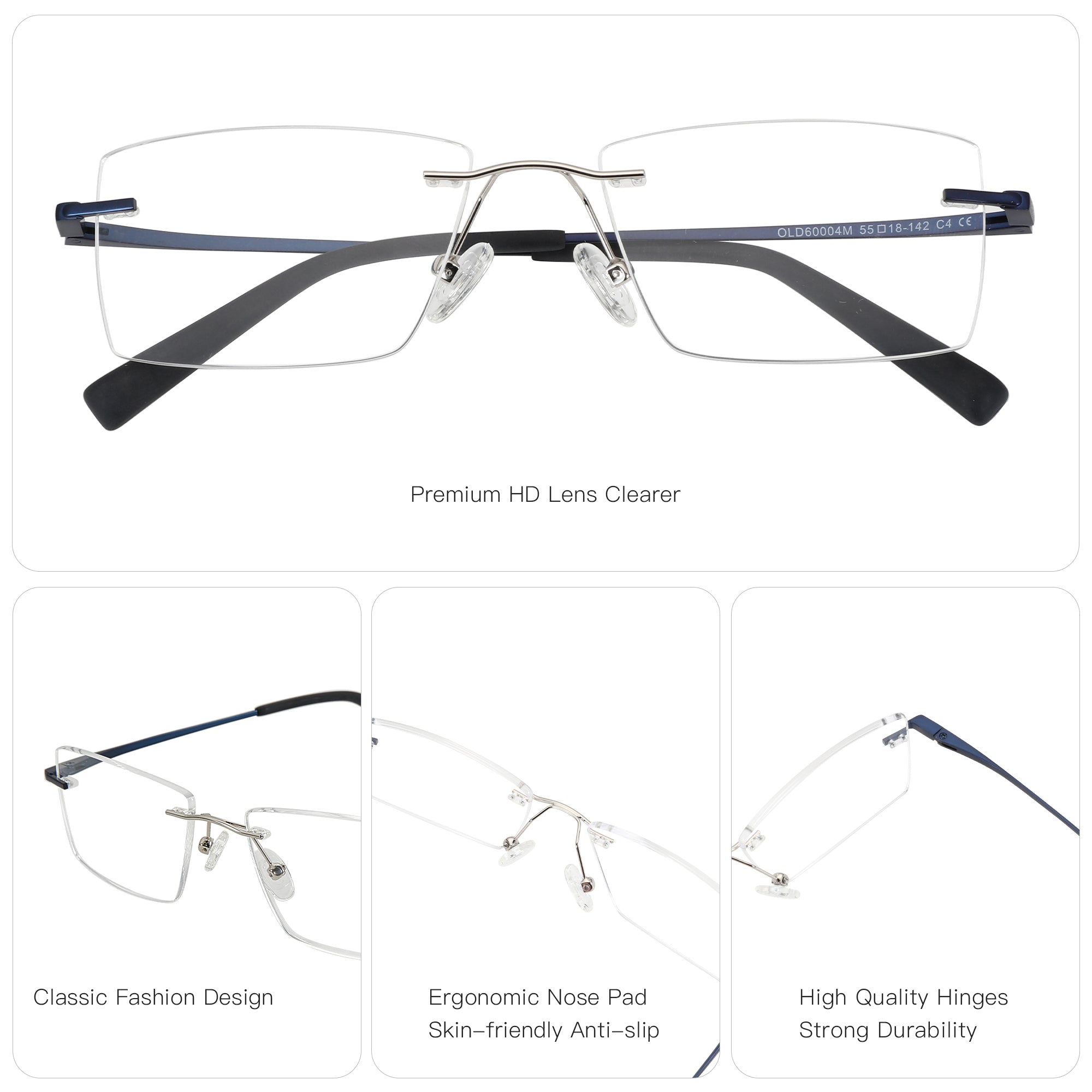 Zenottic Zayden rimless eyeglasses: silver bridge, blue temples, clear lenses. Features ergonomic nose pads & durable hinges.