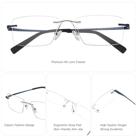 Zenottic Zayden rimless eyeglasses: silver bridge, blue temples, clear lenses. Features ergonomic nose pads & durable hinges.