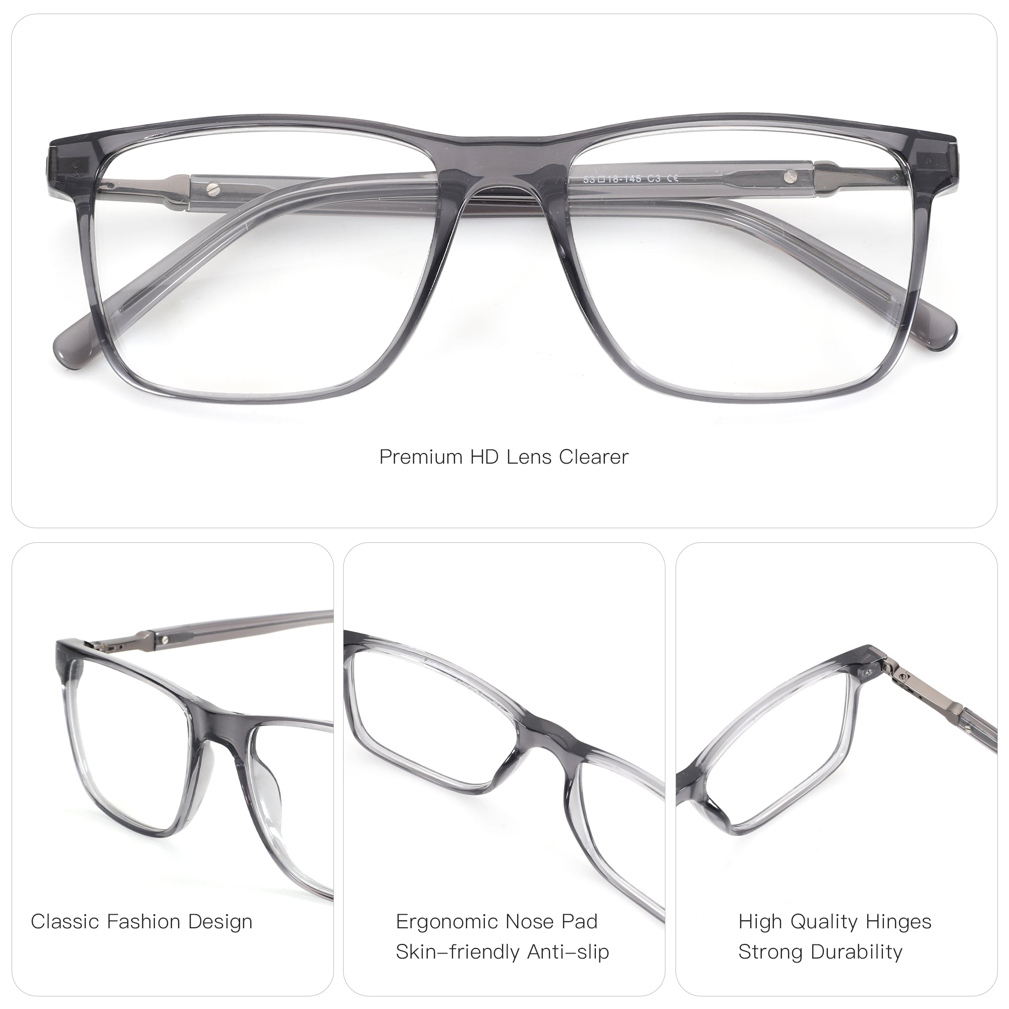 Zenottic Antony grey acetate eyeglasses with classic design, ergonomic nose pads, and durable hinges.