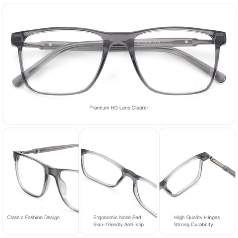 Zenottic Antony grey acetate eyeglasses with classic design, ergonomic nose pads, and durable hinges.