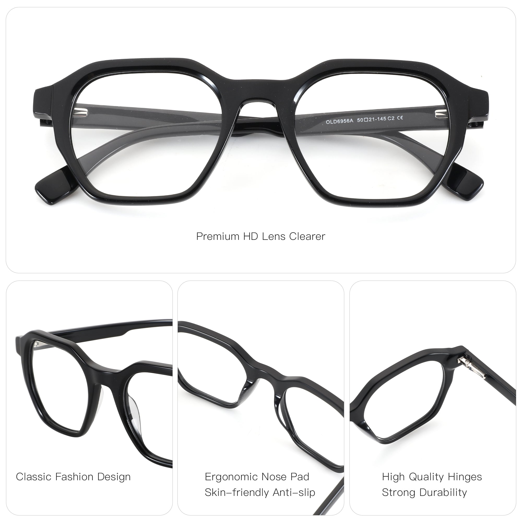 Zenottic Adrian eyeglasses in black acetate with a geometric frame and clear lenses.