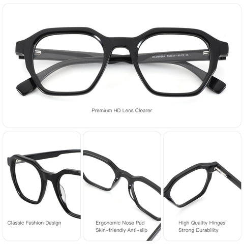 Zenottic Adrian eyeglasses in black acetate with a geometric frame and clear lenses.