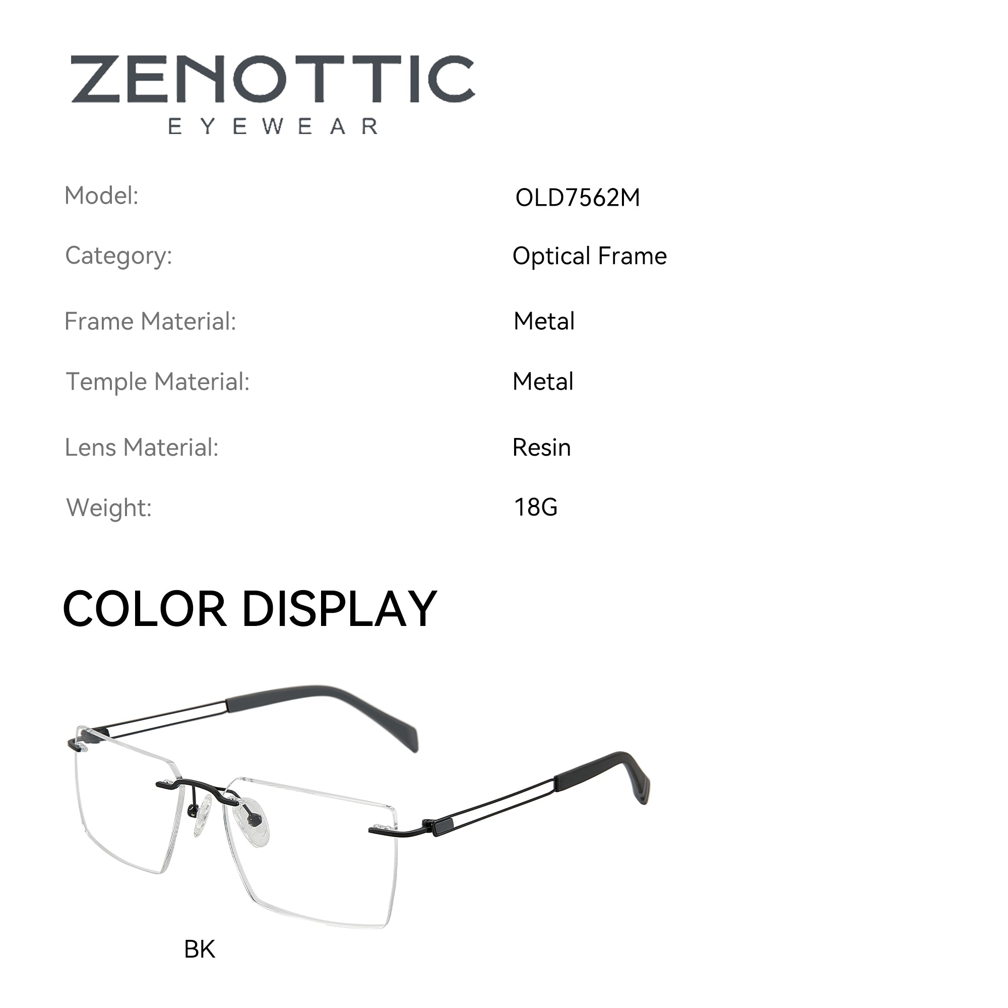 Zenottic Eyeglasses Sidney, model OLD7562M, rimless optical frame in black, made of metal with resin lenses.