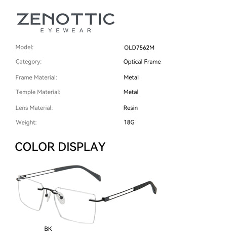 Zenottic Eyeglasses Sidney, model OLD7562M, rimless optical frame in black, made of metal with resin lenses.