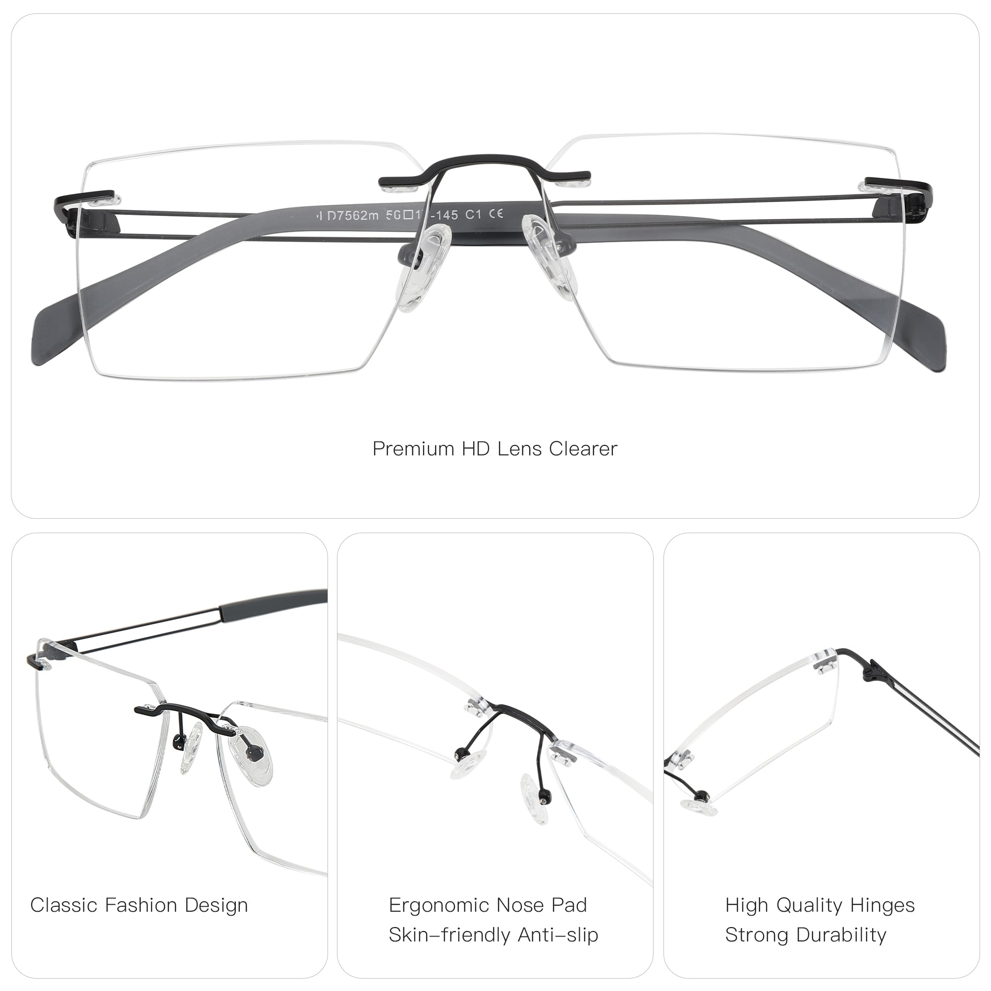 Zenottic Sidney rimless eyeglasses: metal frame, clear lenses, classic design, ergonomic nose pads, durable hinges.