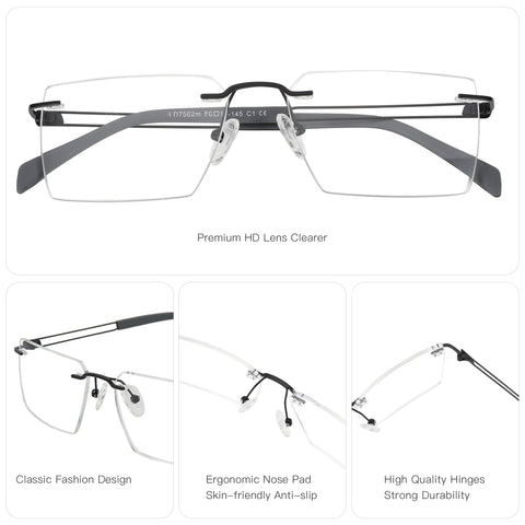 Zenottic Sidney rimless eyeglasses: metal frame, clear lenses, classic design, ergonomic nose pads, durable hinges.