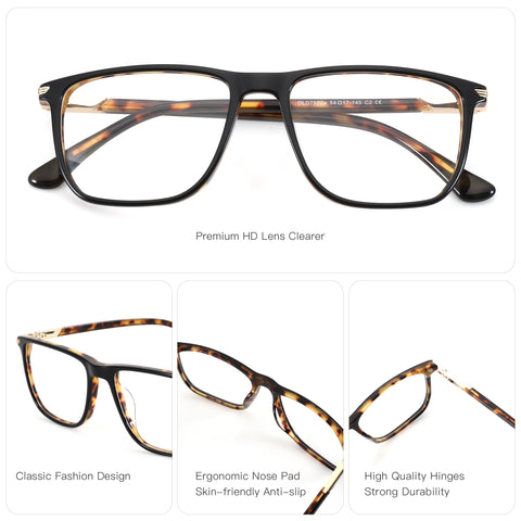 Zenottic Floyd eyeglasses: black/tortoiseshell acetate frame, clear lenses, gold accents. Ergonomic, durable.