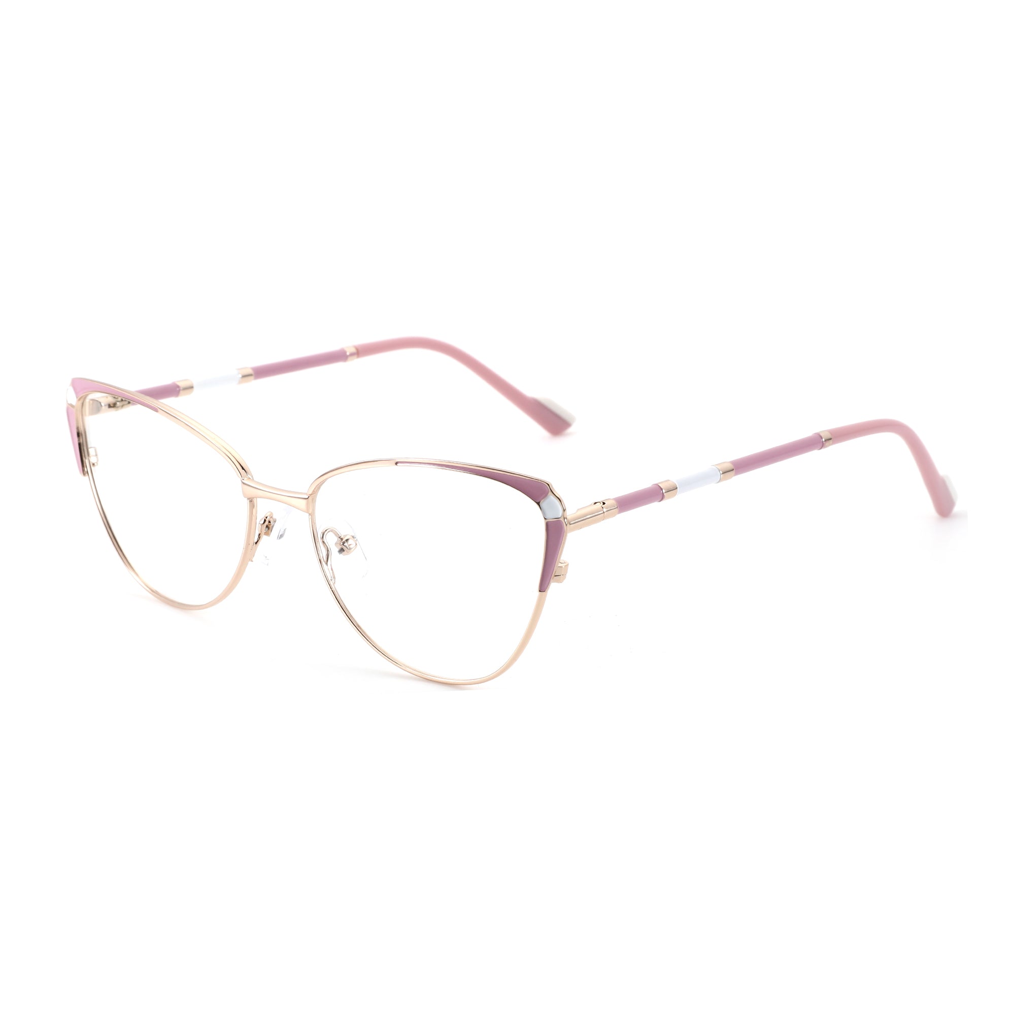 Zenottic Susan cat-eye eyeglasses with gold metal frame, pink accents, and clear lenses