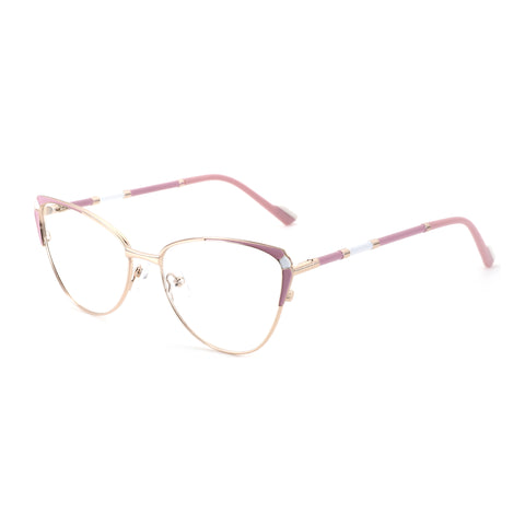 Zenottic Susan cat-eye eyeglasses with gold metal frame, pink accents, and clear lenses