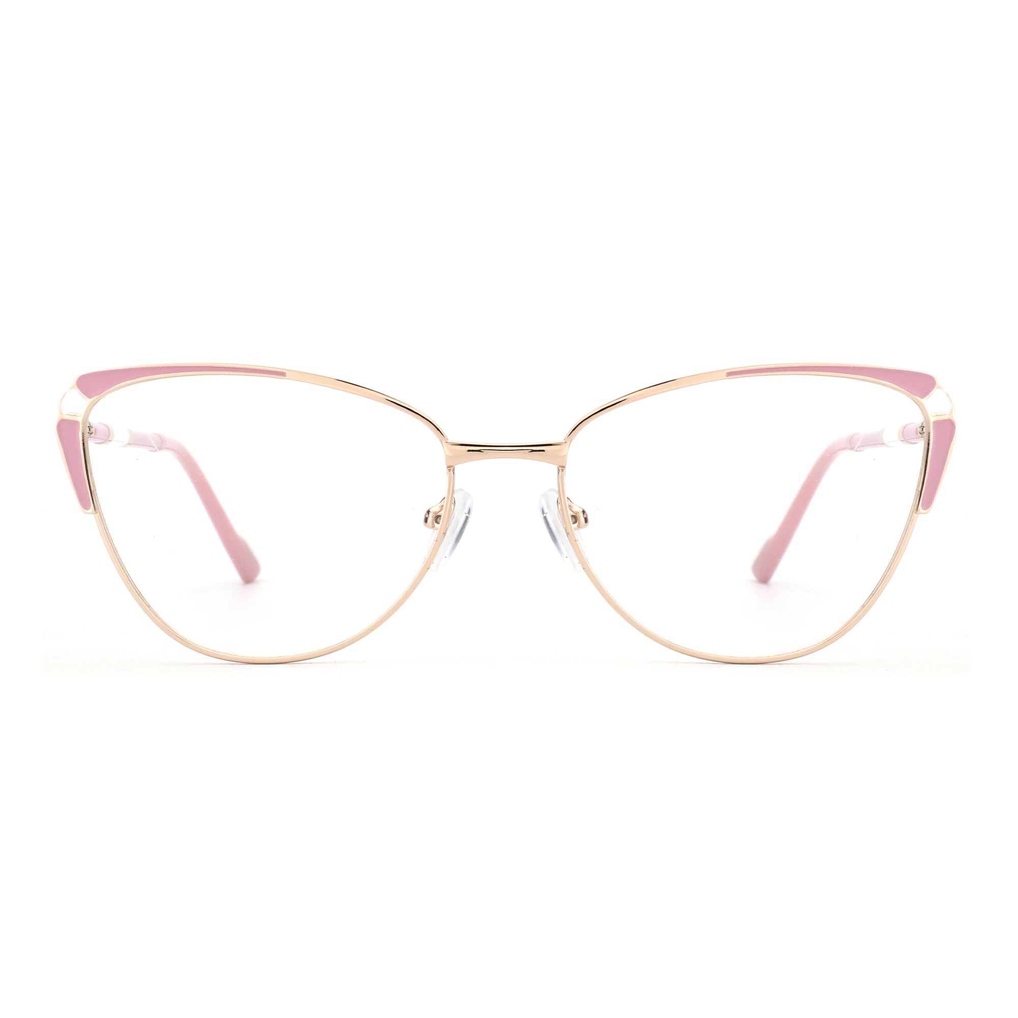 Zenottic Susan eyeglasses with a gold metal cat-eye frame and pink accents.