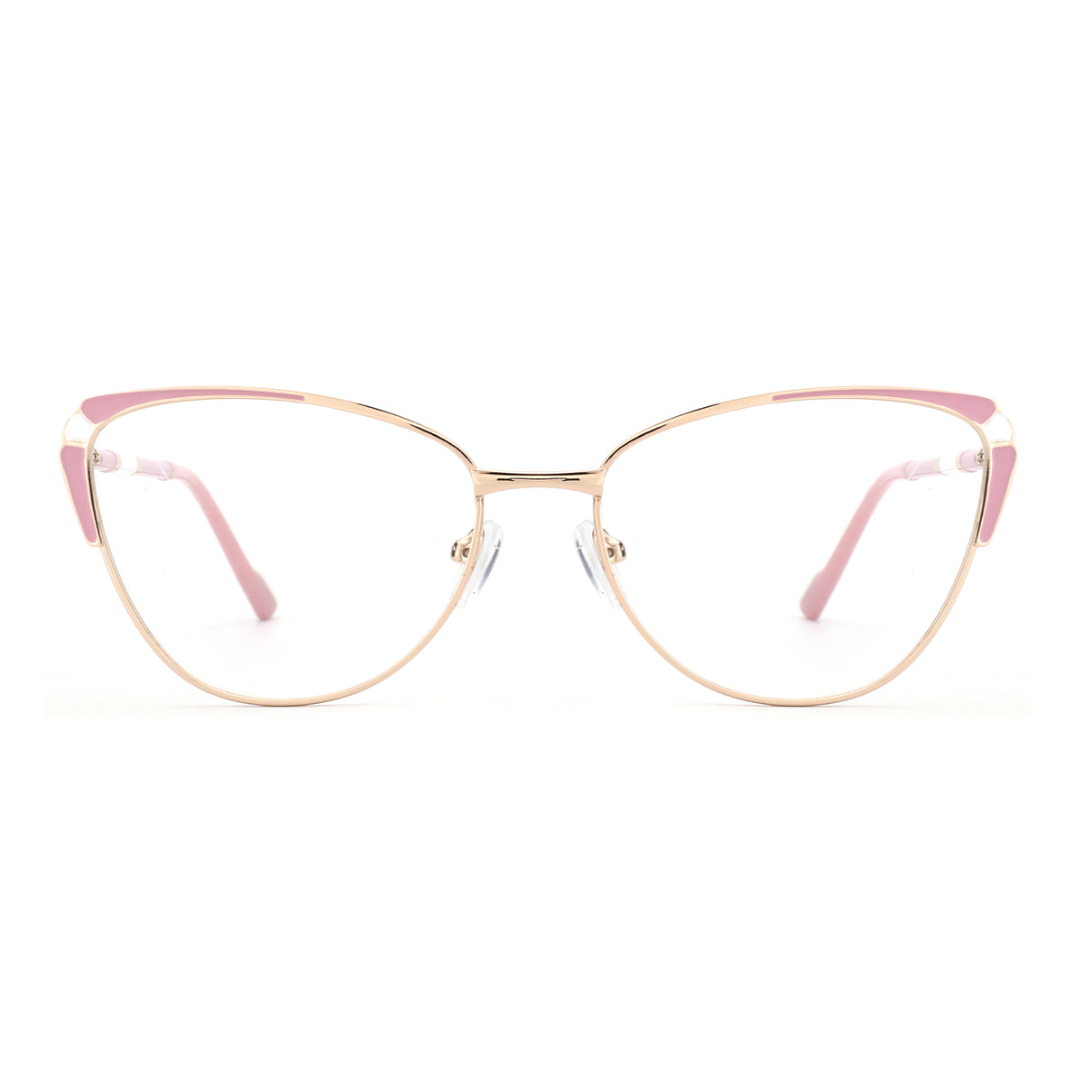 Zenottic Susan eyeglasses with a gold metal cat-eye frame and pink accents.