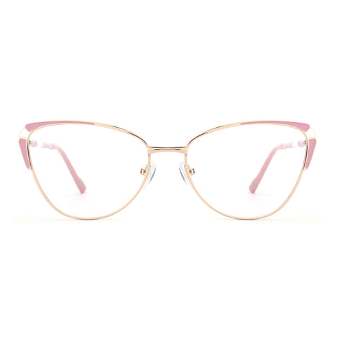 Zenottic Susan eyeglasses with a gold metal cat-eye frame and pink accents.