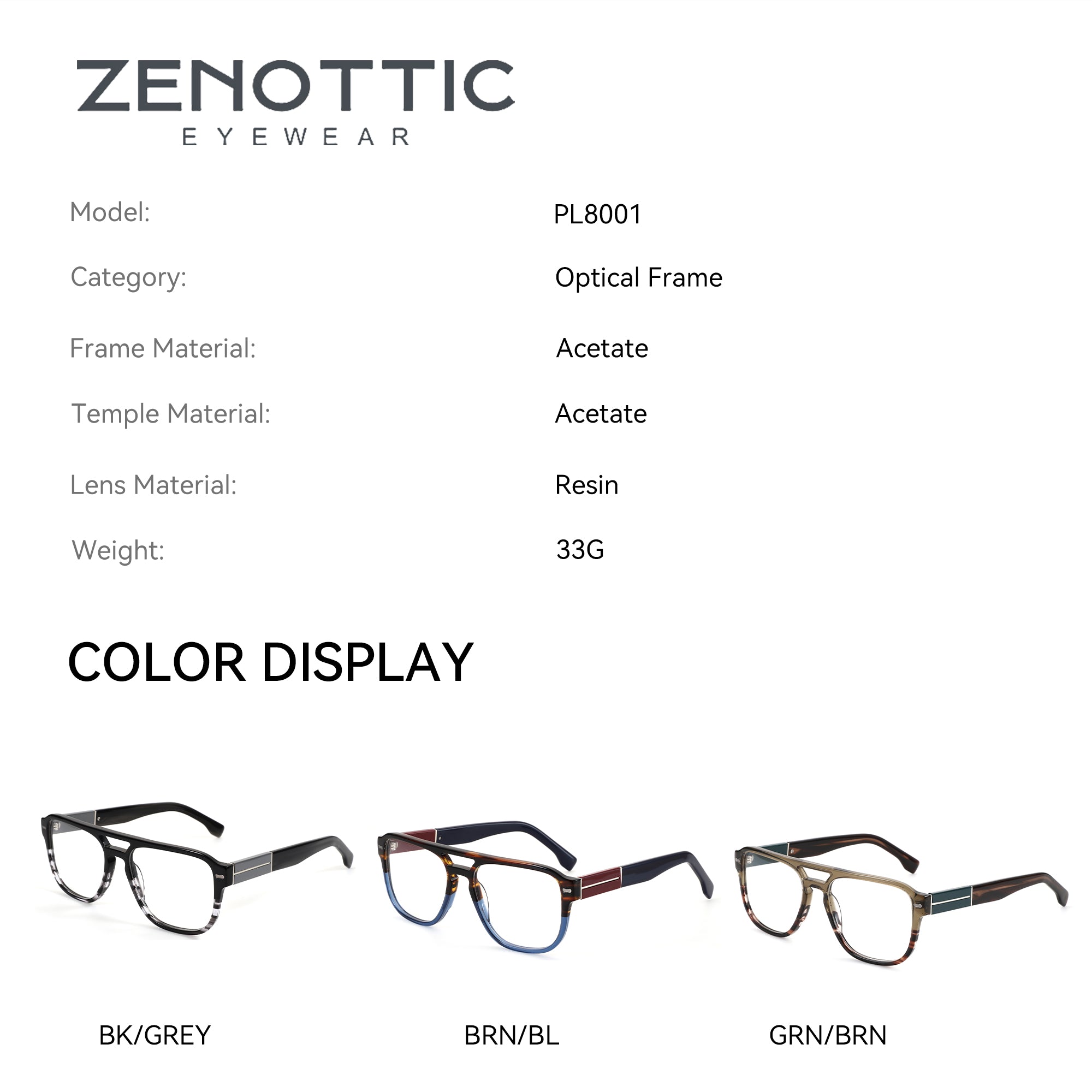 Zenottic Yves eyeglasses in BK/GREY, BRN/BL, and GRN/BRN acetate frames. Optical frames with resin lenses.