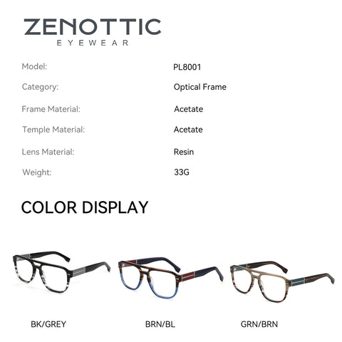 Zenottic Yves eyeglasses in BK/GREY, BRN/BL, and GRN/BRN acetate frames. Optical frames with resin lenses.