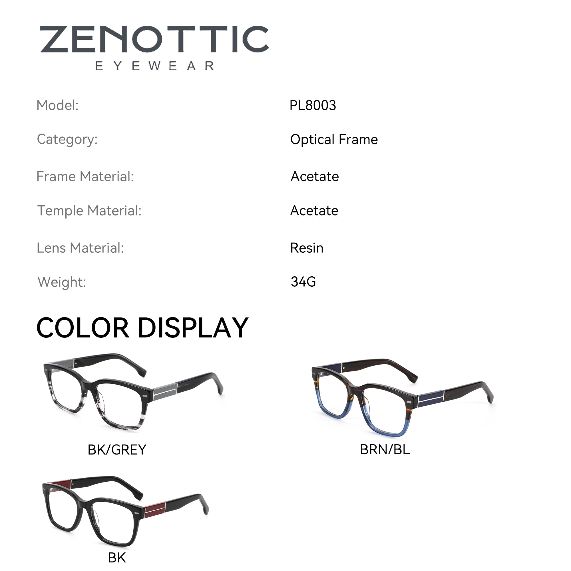 Zenottic Eyeglasses Quentin: Acetate frame, model PL8003, optical frame, resin lens, available in BK/GREY, BRN/BL, and BK.