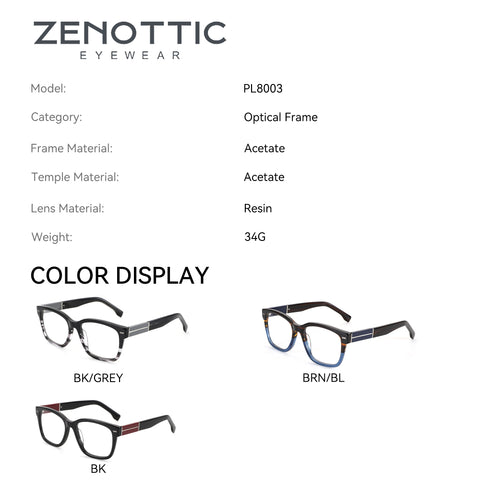 Zenottic Eyeglasses Quentin: Acetate frame, model PL8003, optical frame, resin lens, available in BK/GREY, BRN/BL, and BK.