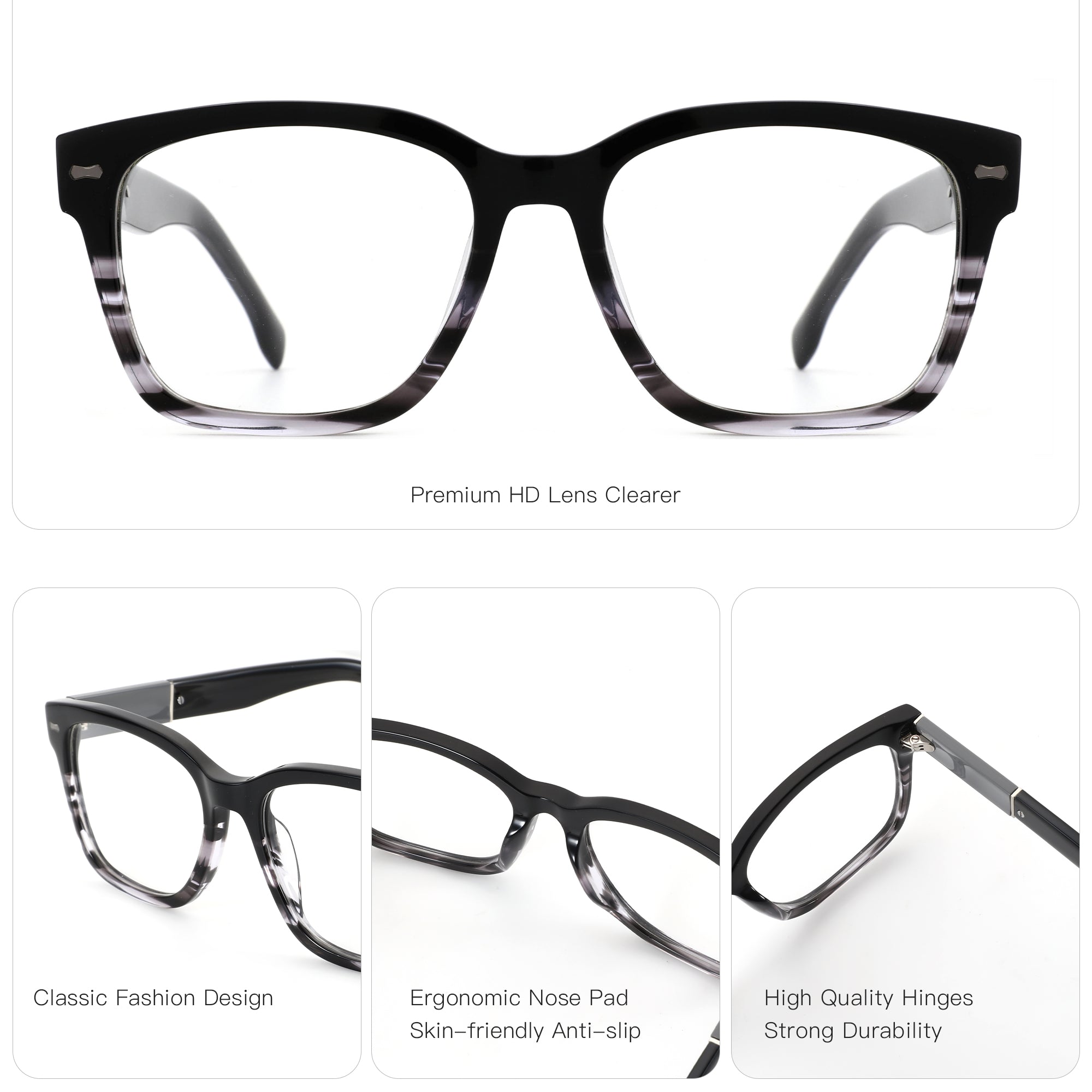 Zenottic Quentin eyeglasses: Black/grey marbled square acetate frame with clear HD lenses, ergonomic nose pads, and durable hinges.