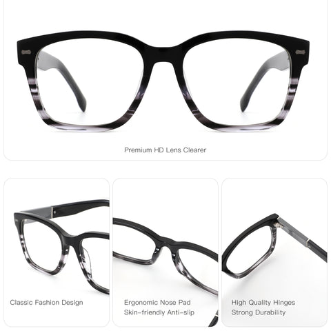 Zenottic Quentin eyeglasses: Black/grey marbled square acetate frame with clear HD lenses, ergonomic nose pads, and durable hinges.
