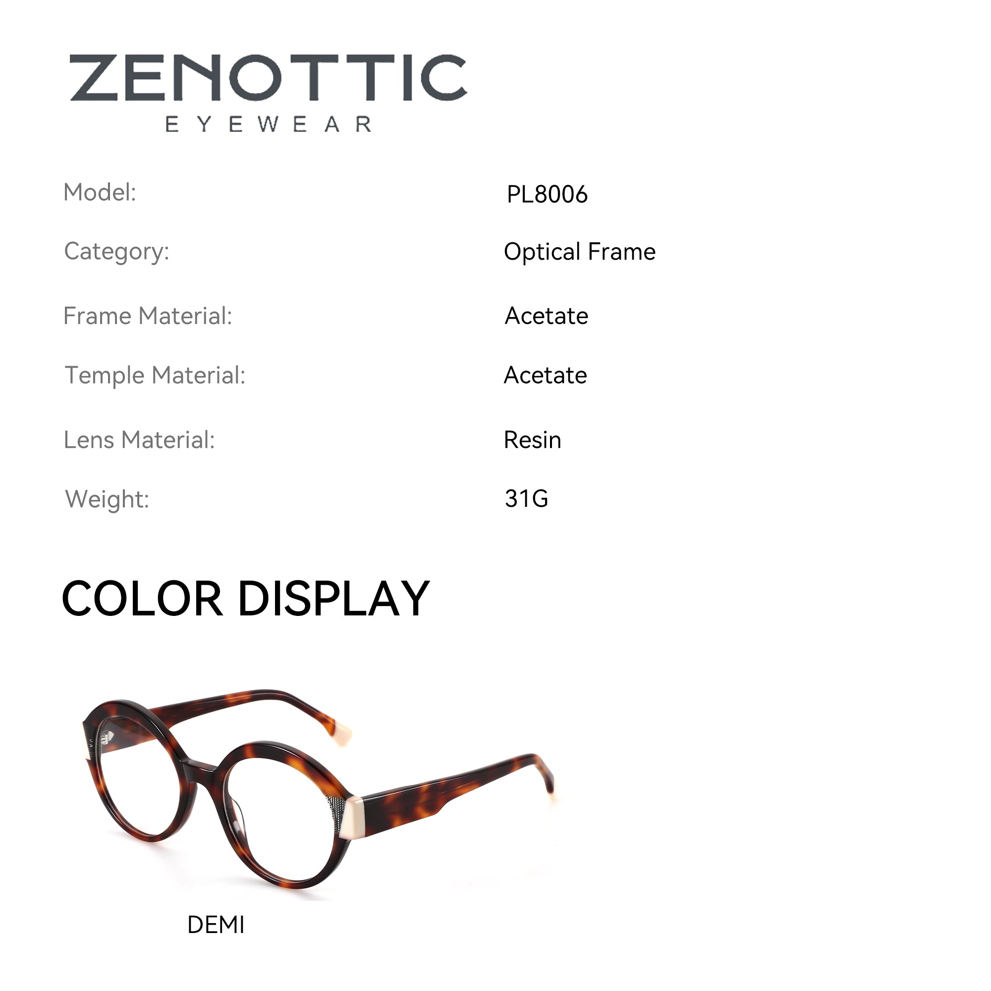 Zenottic PL8006 optical frames in demi tortoise acetate with round lenses and silver accents on temples.