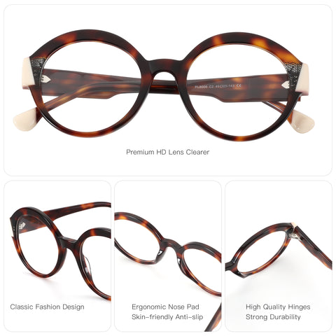 Zenottic Melanie tortoiseshell round eyeglasses: fashion design, ergonomic nose pads, durable hinges.