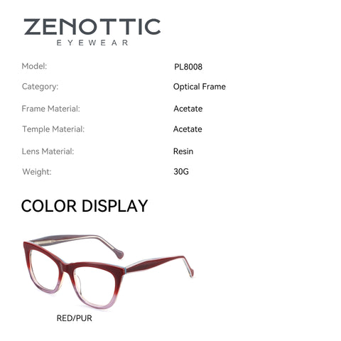 Zenottic Hilary eyeglasses: red/purple acetate cat-eye frame with resin lenses, model PL8008.