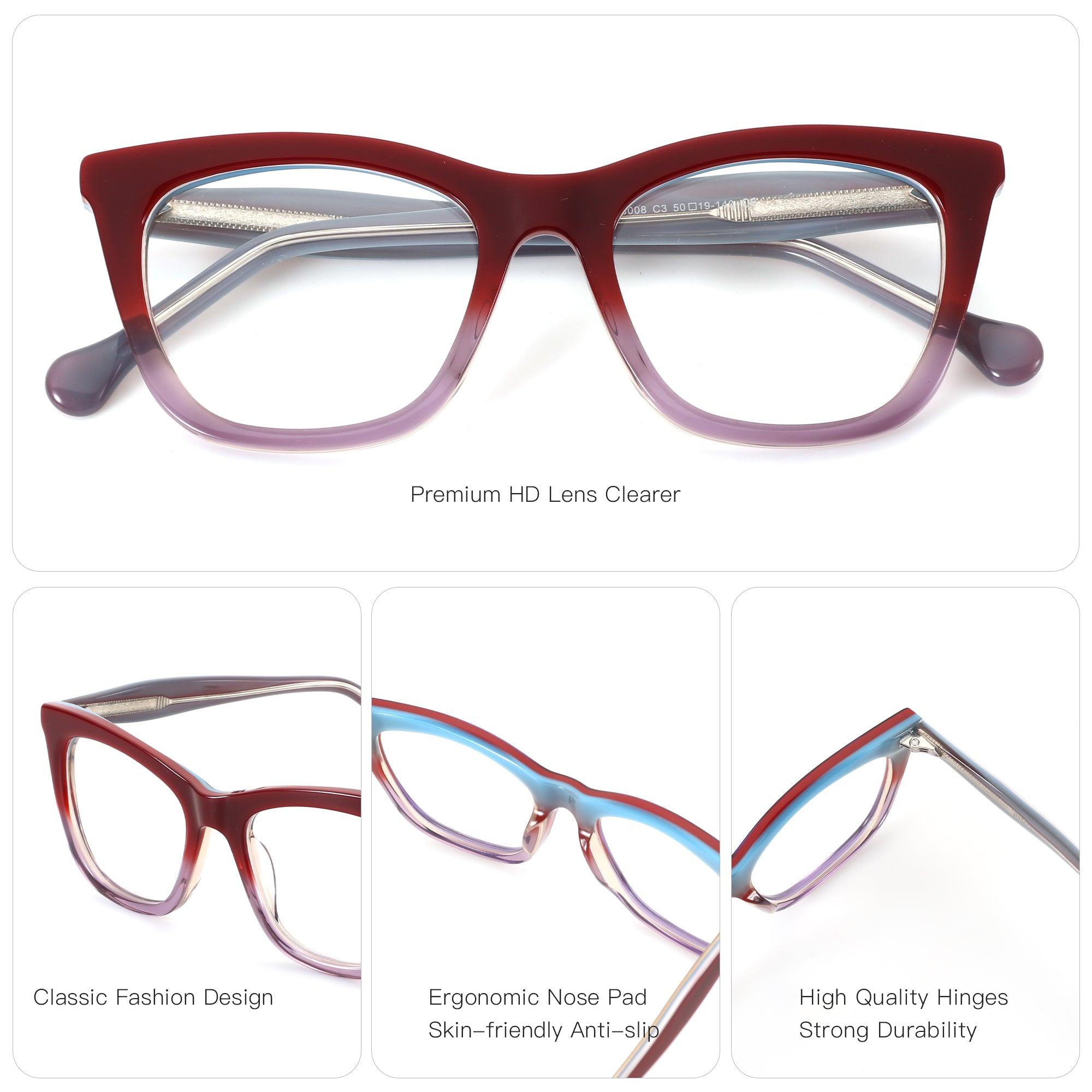 Zenottic Hilary eyeglasses: acetate square frame, red-purple gradient, classic style, ergonomic nose pads, durable hinges.