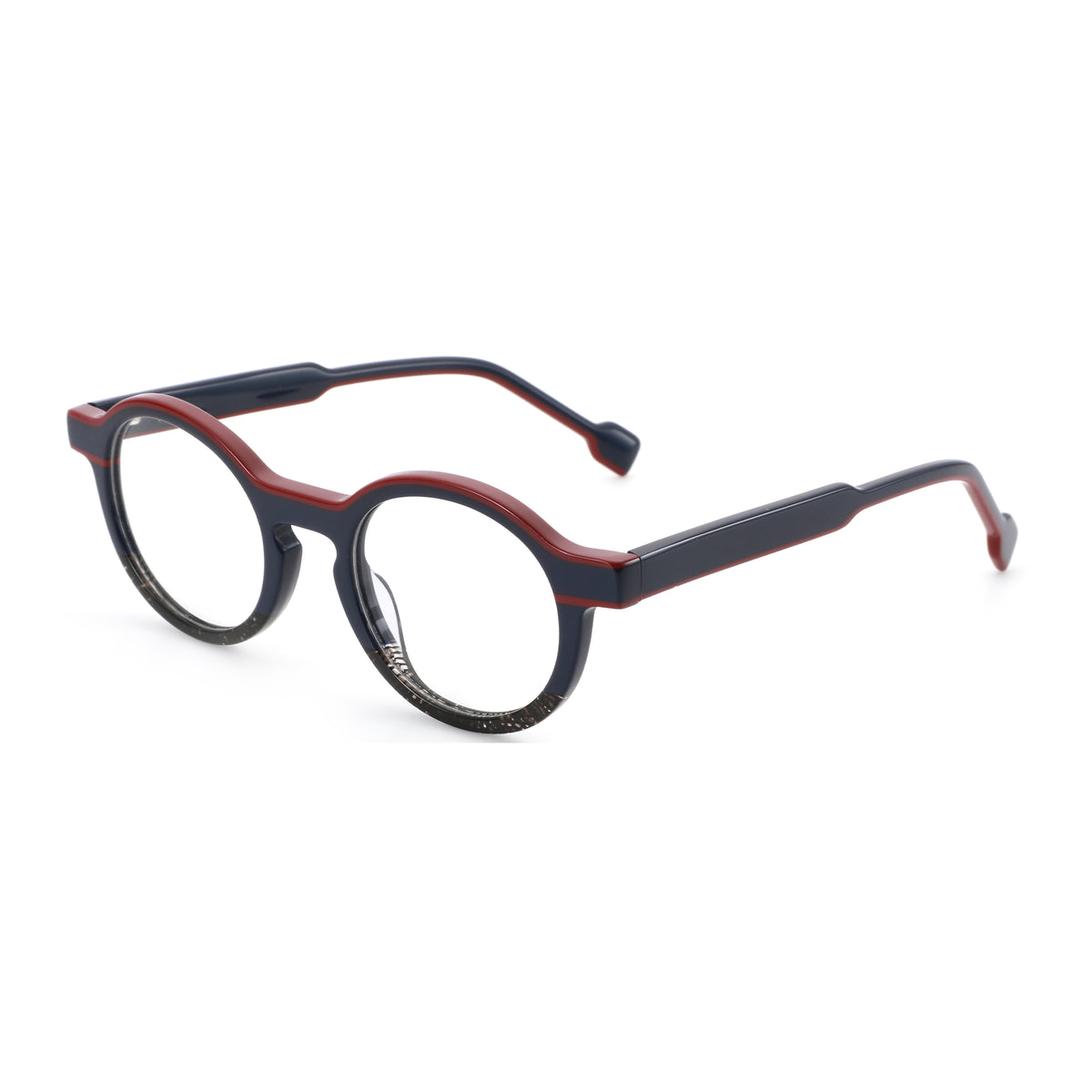 Zenottic Magee eyeglasses with round dark blue and red acetate frame, clear lenses