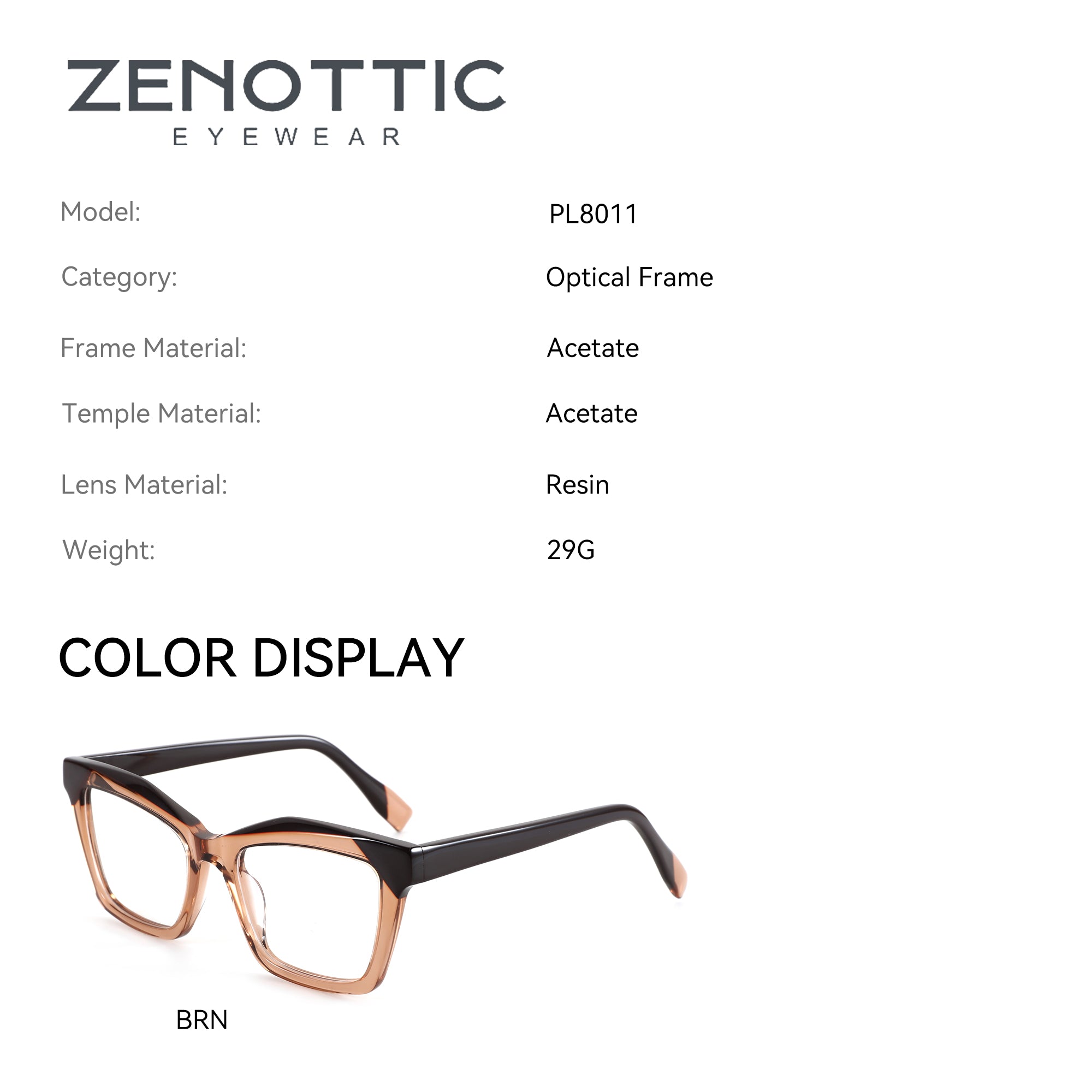 Zenottic Lewis optical frames in brown acetate with black temples. Model PL8011.
