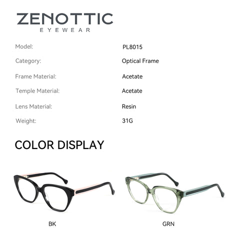 Zenottic Eyeglasses Heloise PL8015: acetate frame, resin lens. Available in black (BK) and green (GRN) colors.
