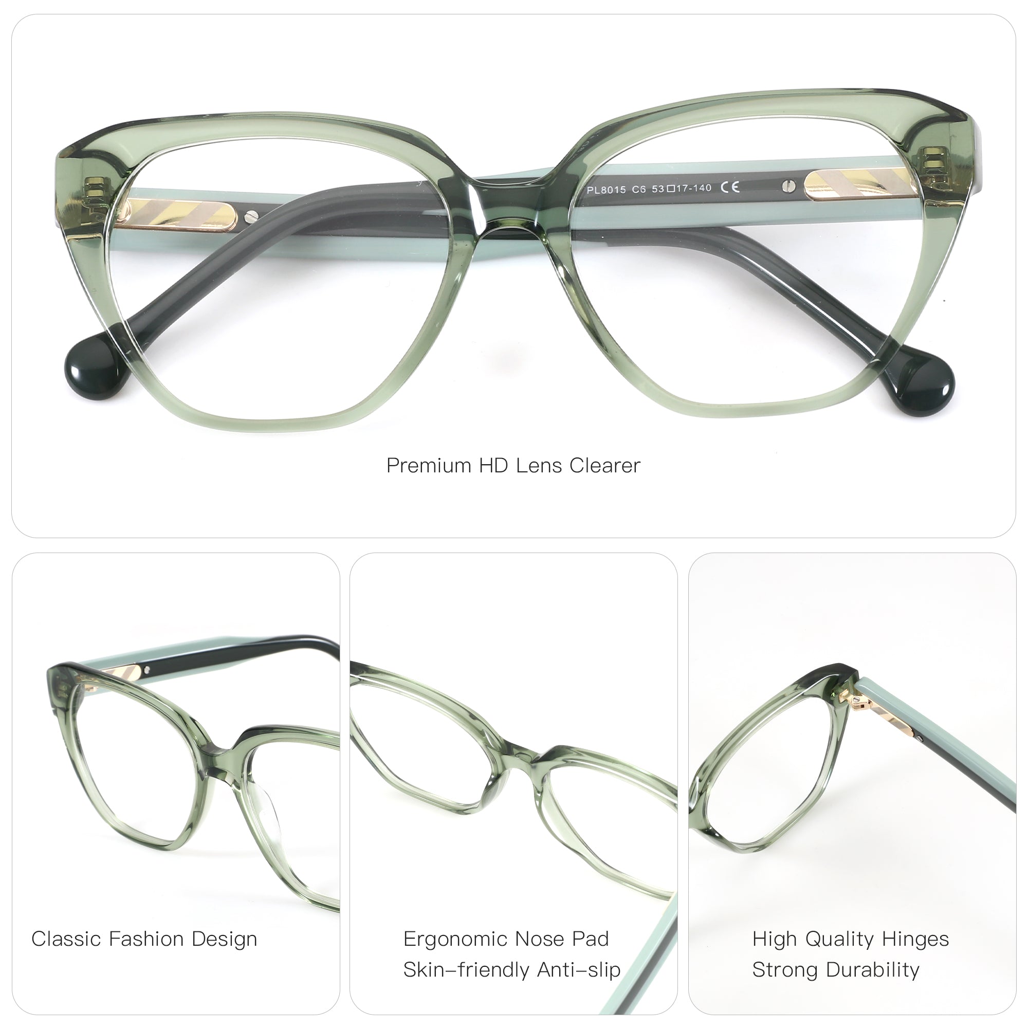 Zenottic Heloise cat eye eyeglasses in light green acetate, featuring clear resin lenses and gold accents.