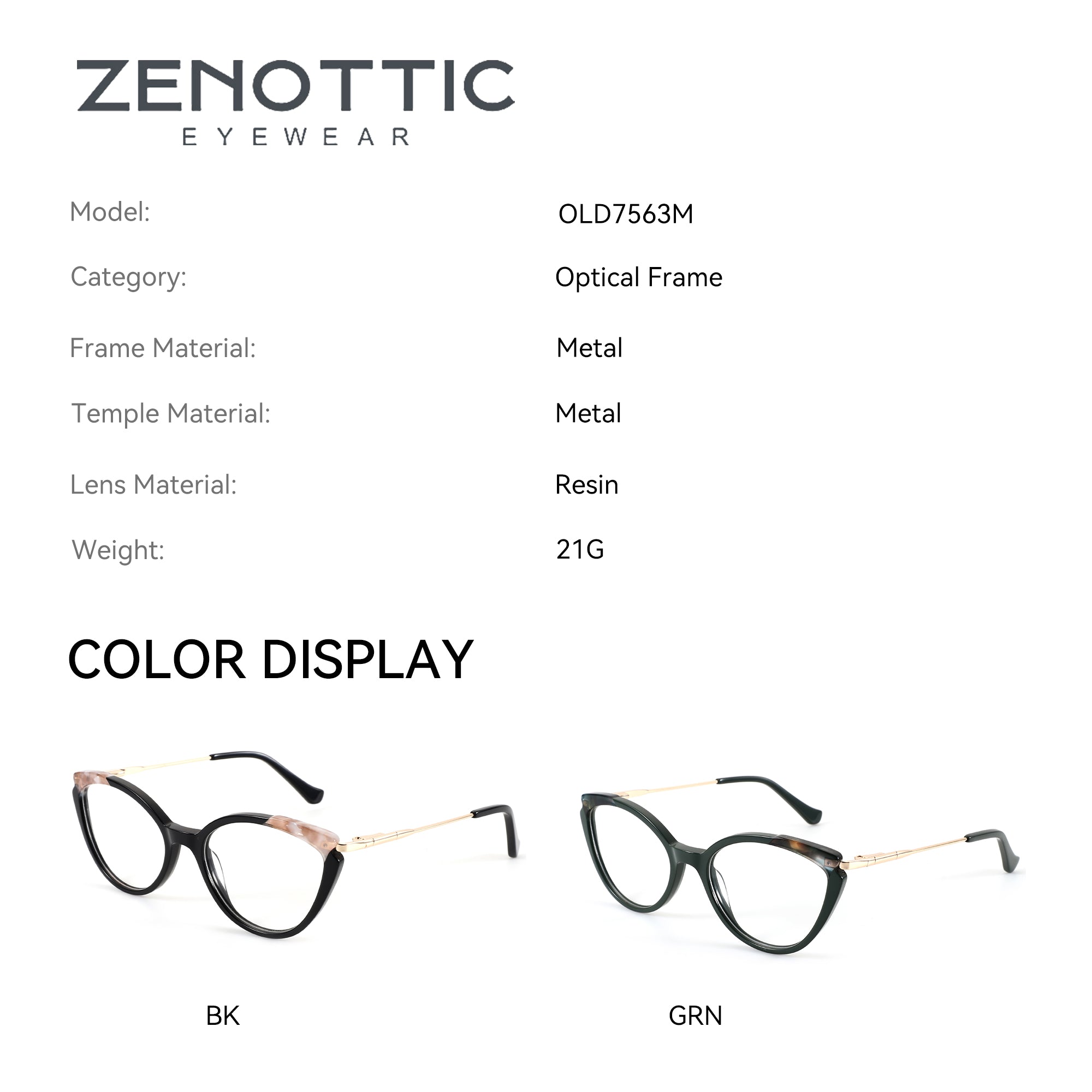 Zenottic Colalie cat-eye eyeglasses in BK (black/tortoise/gold) and GRN (green/tortoise/gold).