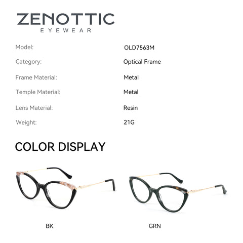 Zenottic Colalie cat-eye eyeglasses in BK (black/tortoise/gold) and GRN (green/tortoise/gold).