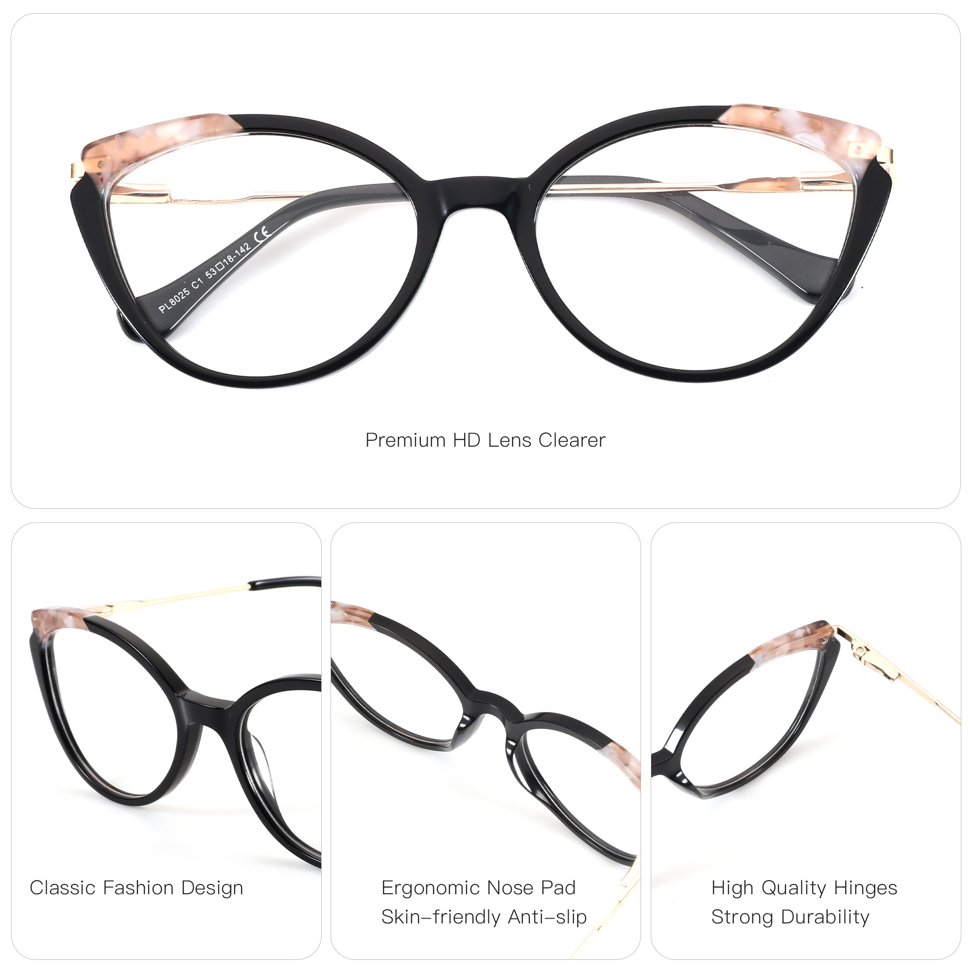 Zenottic Colalie cat-eye glasses: black acetate, tortoiseshell, gold accents. Features classic design, ergonomic nose pads, and durable hinges.