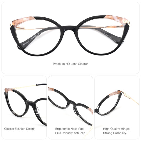 Zenottic Colalie cat-eye glasses: black acetate, tortoiseshell, gold accents. Features classic design, ergonomic nose pads, and durable hinges.