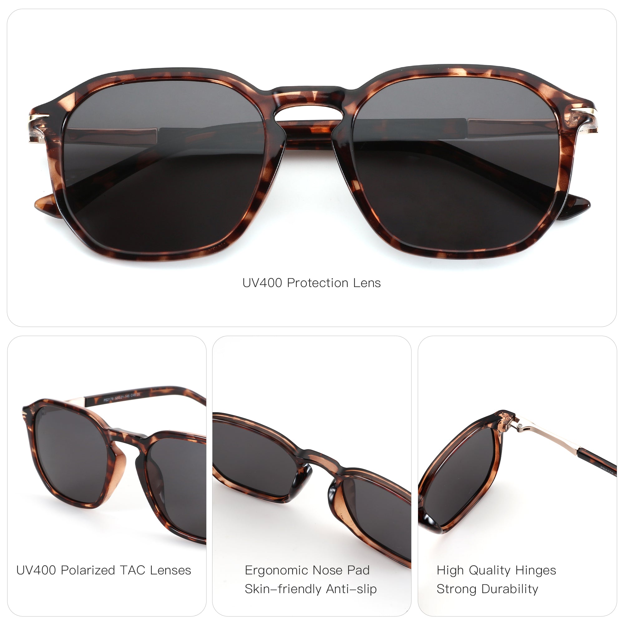 Zenottic Fletcher sunglasses with demi-tortoise frame, UV400 polarized lenses, ergonomic nose pads, and durable hinges.