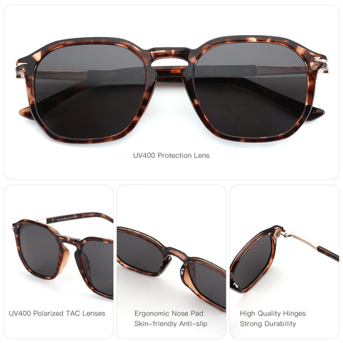 Zenottic Fletcher sunglasses with demi-tortoise frame, UV400 polarized lenses, ergonomic nose pads, and durable hinges.