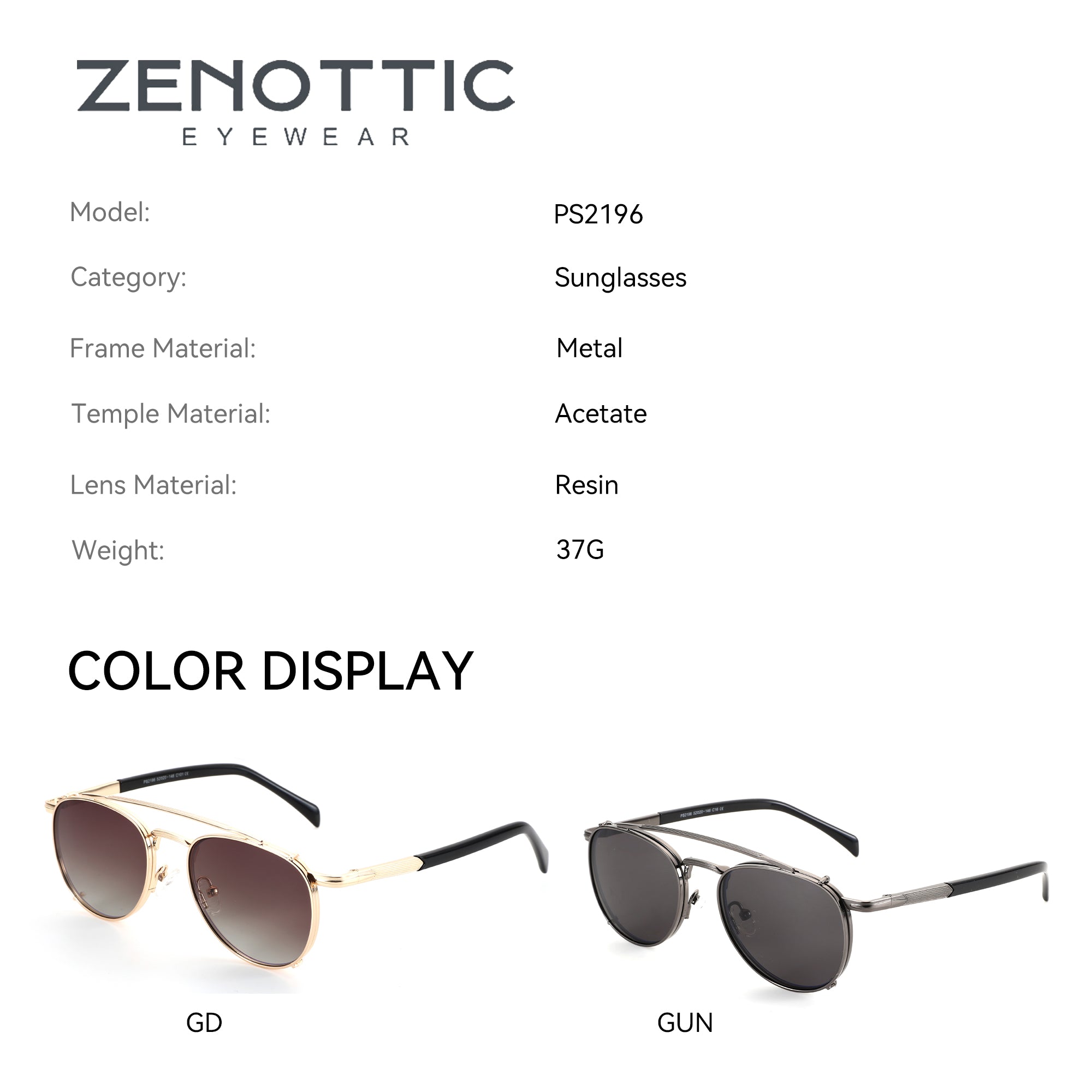 Zenottic aviator sunglasses in gold with gradient brown lenses and gunmetal with dark lenses. Metal frame, resin lenses.