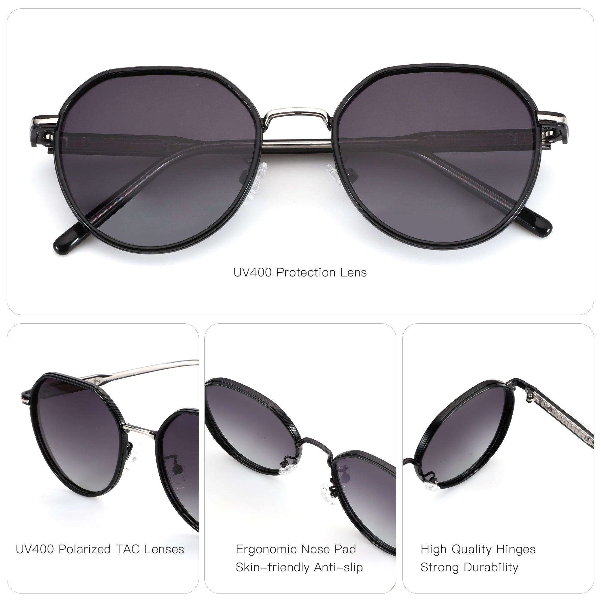 Zenottic geometric black metal frame sunglasses with UV400 polarized lenses