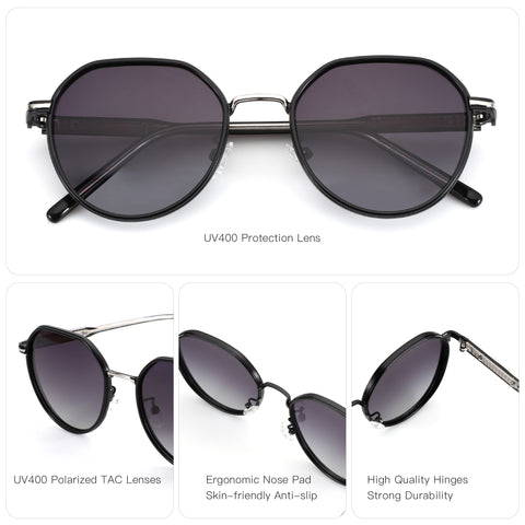 Zenottic geometric black metal frame sunglasses with UV400 polarized lenses