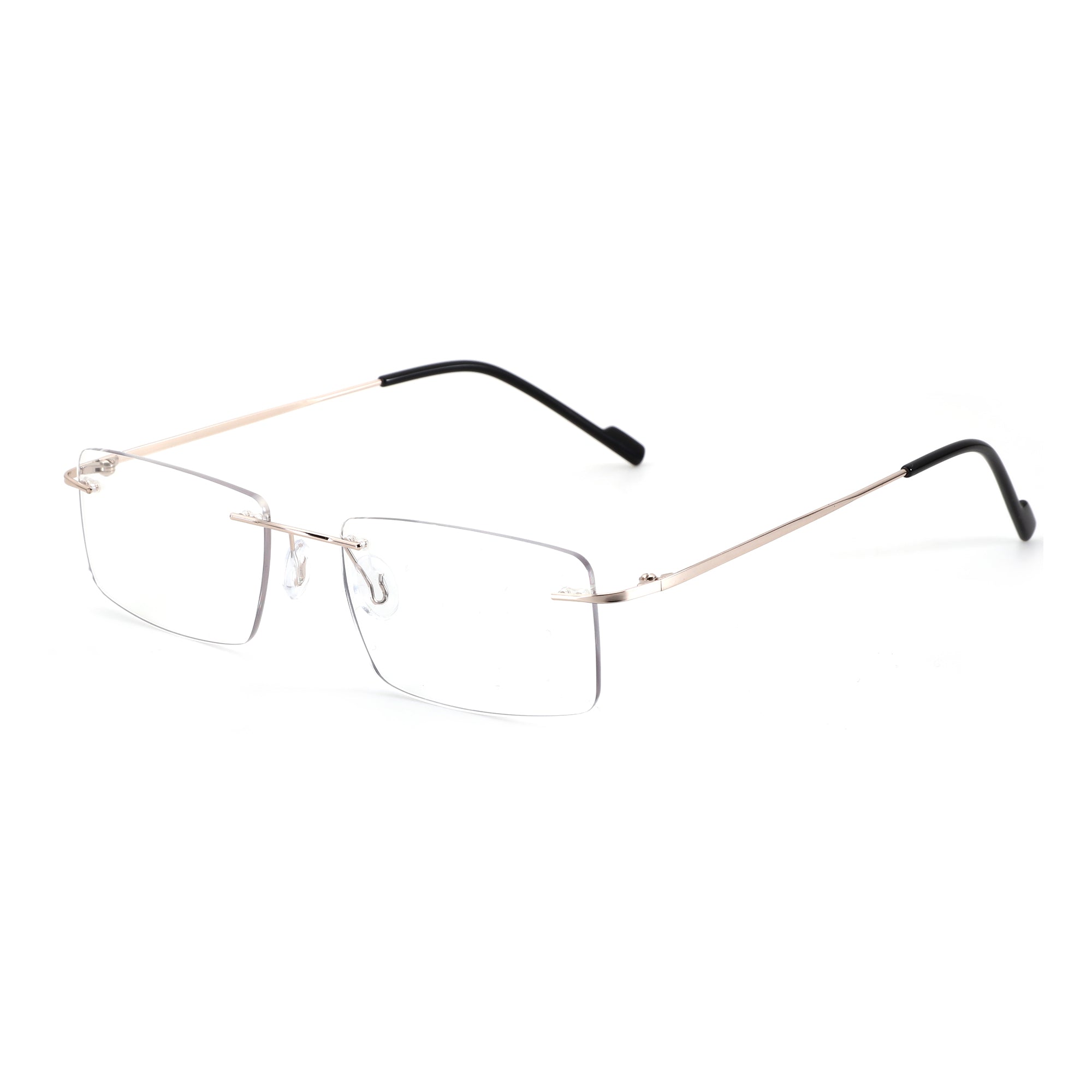 ZENOTTIC Alyssa rimless eyeglasses with gold metal temples and clear lenses.